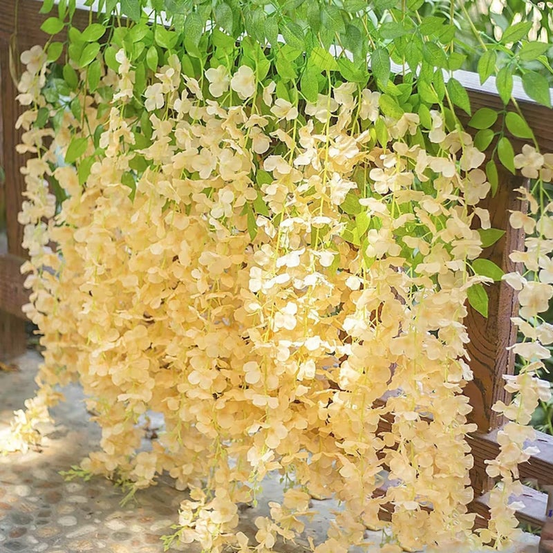 Luerbi 12 Pack Wisteria Hanging Flowers  3.77 Feet Artificial Flower Vines  Fake Rattan Hanging Flowers  Silk Wisteria Garland Flowers for Weddings  Gardens  Walls  Backdrop Party Decoration (Champagne Gold) - Image 5