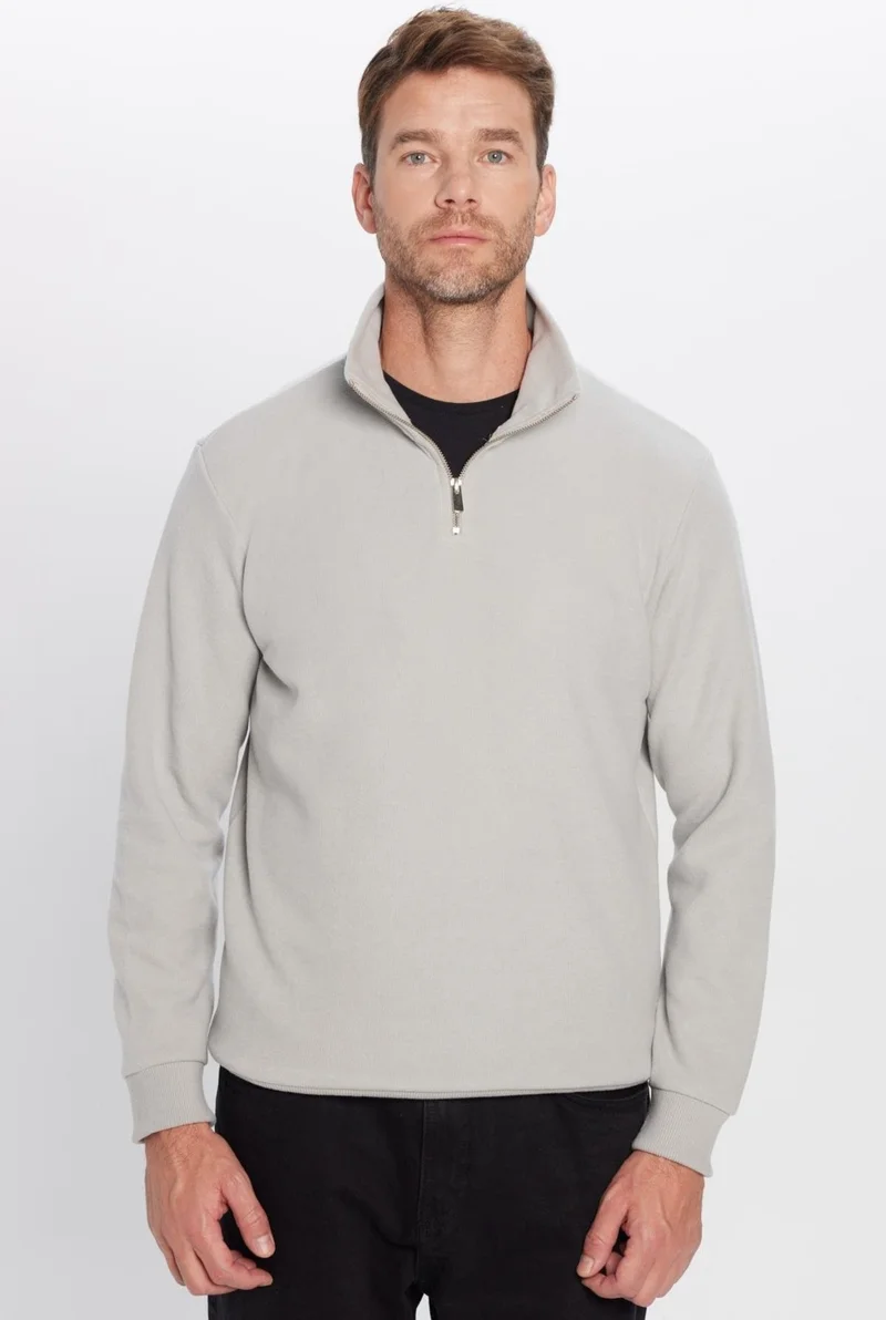 تودورس Relax Fit Comfortable Cut Cotton Half Zipper Gray Stand Collar Sweatshirt