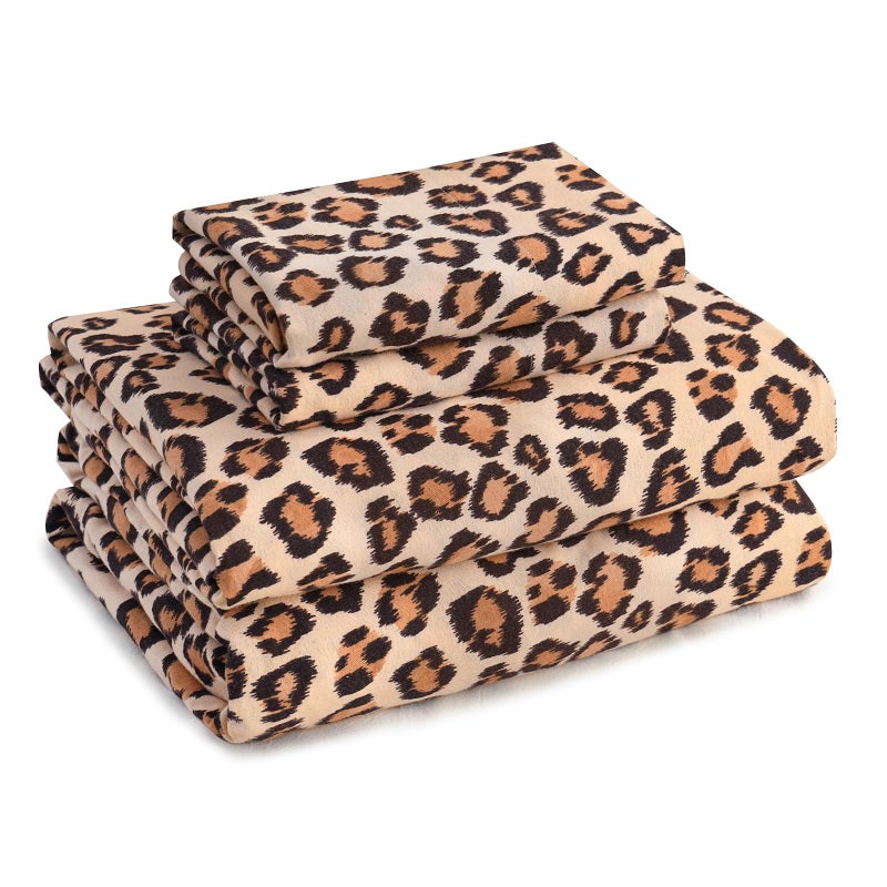 LONAVA 100% Organic Cotton Flannel Sheet Set 4 Pieces, Warm&Cozy Velvety Soft Heavyweight - Double Brushed Flannel, 16 inch Deep Pocket Bedsheets,(King,Brown Leopard) - Image 1