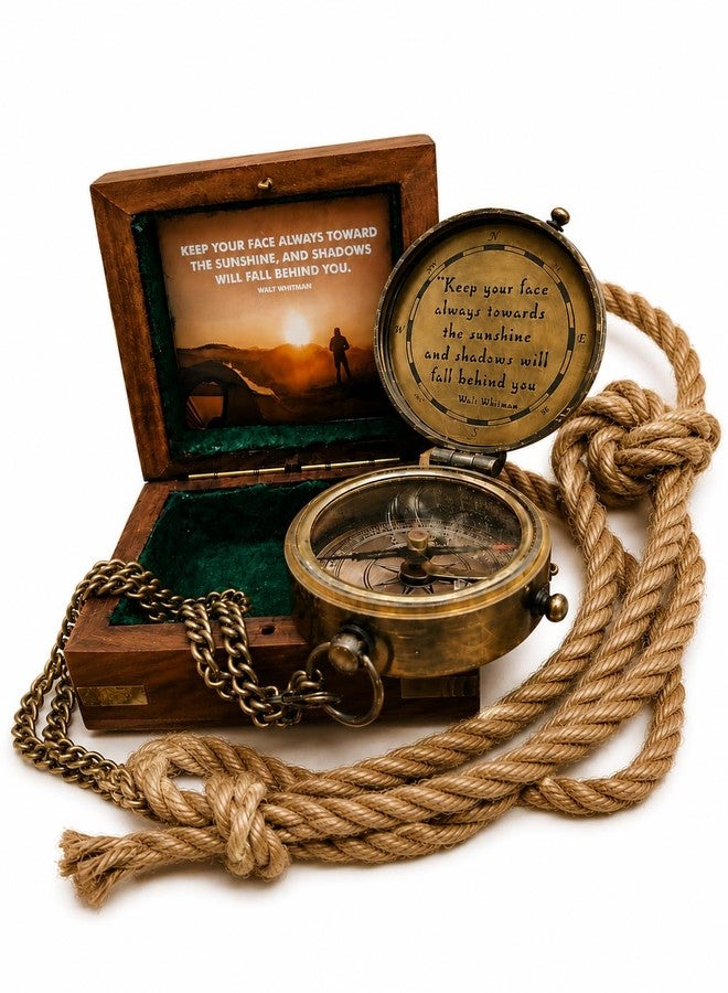 Mai Keep Your Face Always Toward The Sunshine, and Shadows Will Fall Behind You Engraved Compass with ‎Wooden Box, Camping Compass, Graduation Day Gifts for Son, Love, Sister, Husband, Wife, Fiancé. - Image 1