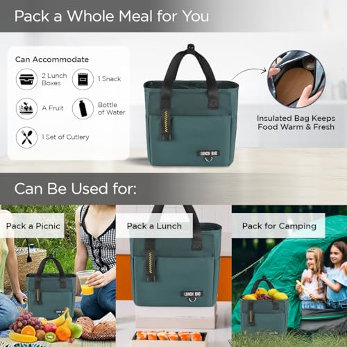 UMAI Insulated Lunch Bag for Kids, Women & Men, Ideal Tote Tiffin Bag for Office/School/Camping/Gym-Lightweight, Durable Handle, Large Capacity, Multifunctional Pockets, Easy to Clean (Green) - Image 4
