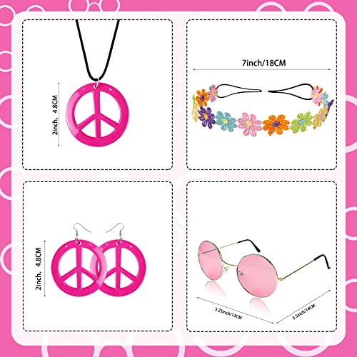 HyperFun Hippie Costume Set Includes Peace Sign Necklace and Earrings, Flower Crown Headband and Colored Hippie Sunglasses - Image 3