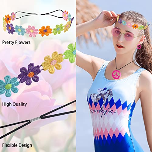 HyperFun Hippie Costume Set Includes Peace Sign Necklace and Earrings, Flower Crown Headband and Colored Hippie Sunglasses - Image 4
