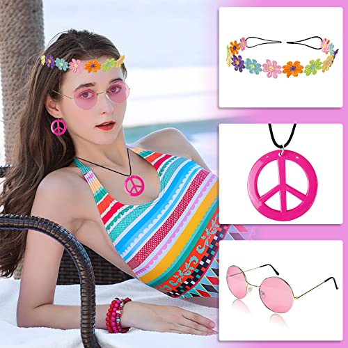 HyperFun Hippie Costume Set Includes Peace Sign Necklace and Earrings, Flower Crown Headband and Colored Hippie Sunglasses - Image 2