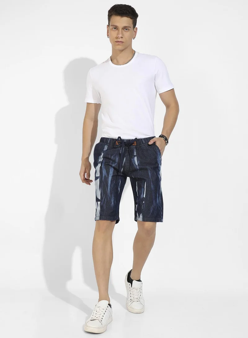 Campus Sutra Men's Navy Blue Contrast Wash Denim Shorts