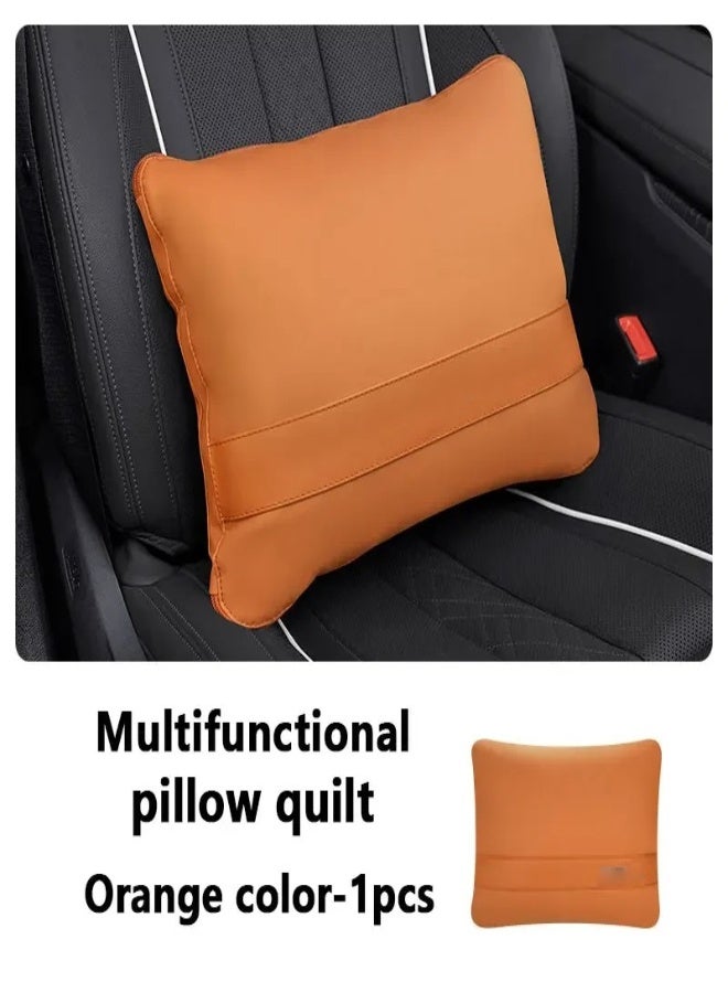 AROAQ 3-in-1 Multifunctional Car Blanket, Pillow & Waist Cushion – Leather Quilted Car Interior Accessory for SUV, Truck, Van – Soft, Foldable, All-Season Travel Pad , Orange - Image 1