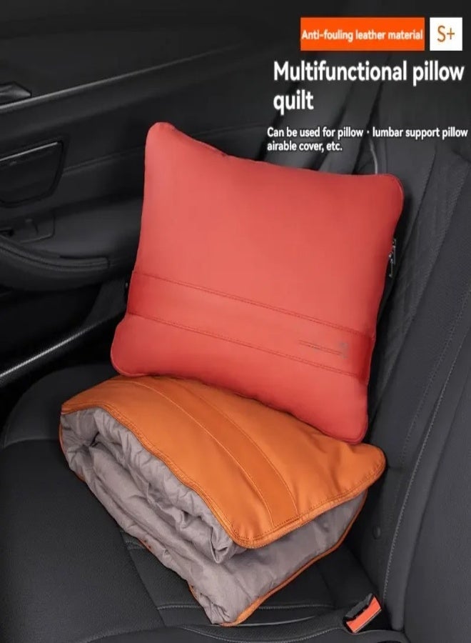 AROAQ 3-in-1 Multifunctional Car Blanket, Pillow & Waist Cushion – Leather Quilted Car Interior Accessory for SUV, Truck, Van – Soft, Foldable, All-Season Travel Pad , Orange - Image 2