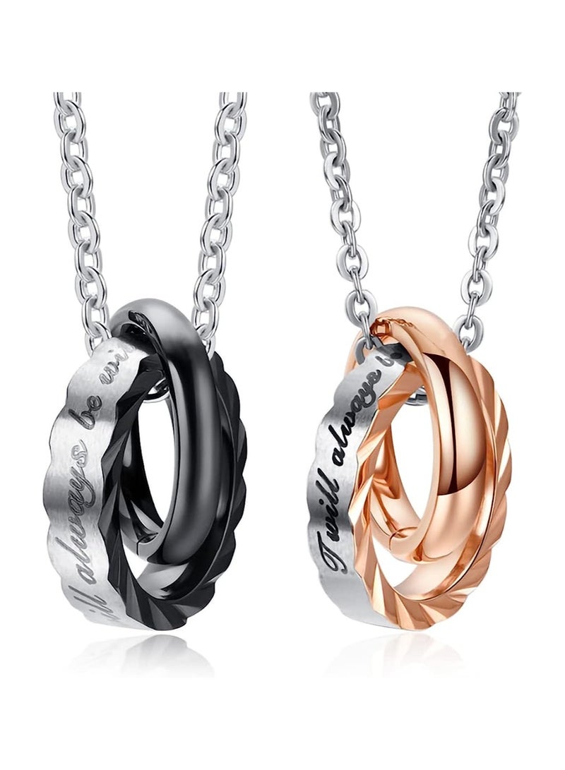 KASTWAVE Stainless Steel Couples Ring Necklace, Matching Double Ring Interlocking Pendant Necklace for Couples, Boyfriend Girlfriend Anniversary Valentine's Day Gifts, 2 Pcs - Image 1
