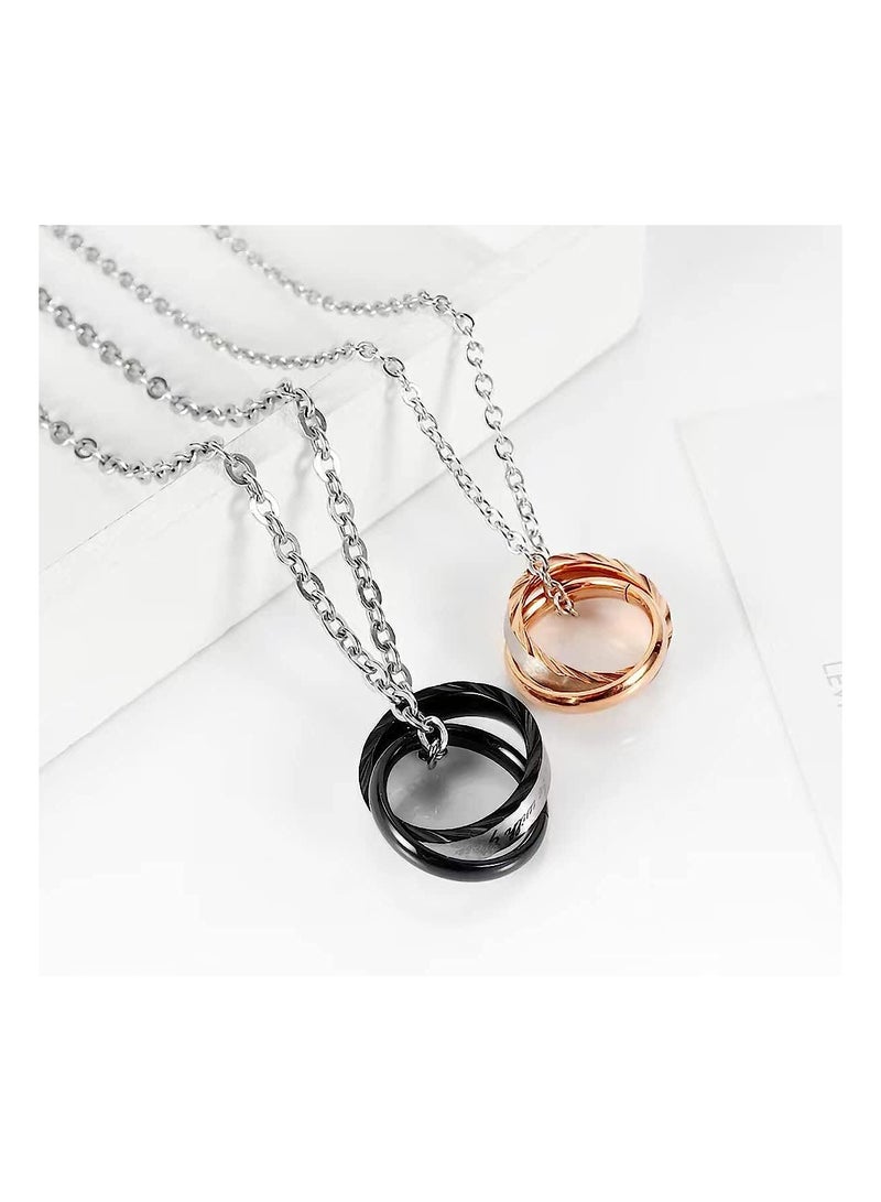 KASTWAVE Stainless Steel Couples Ring Necklace, Matching Double Ring Interlocking Pendant Necklace for Couples, Boyfriend Girlfriend Anniversary Valentine's Day Gifts, 2 Pcs - Image 3