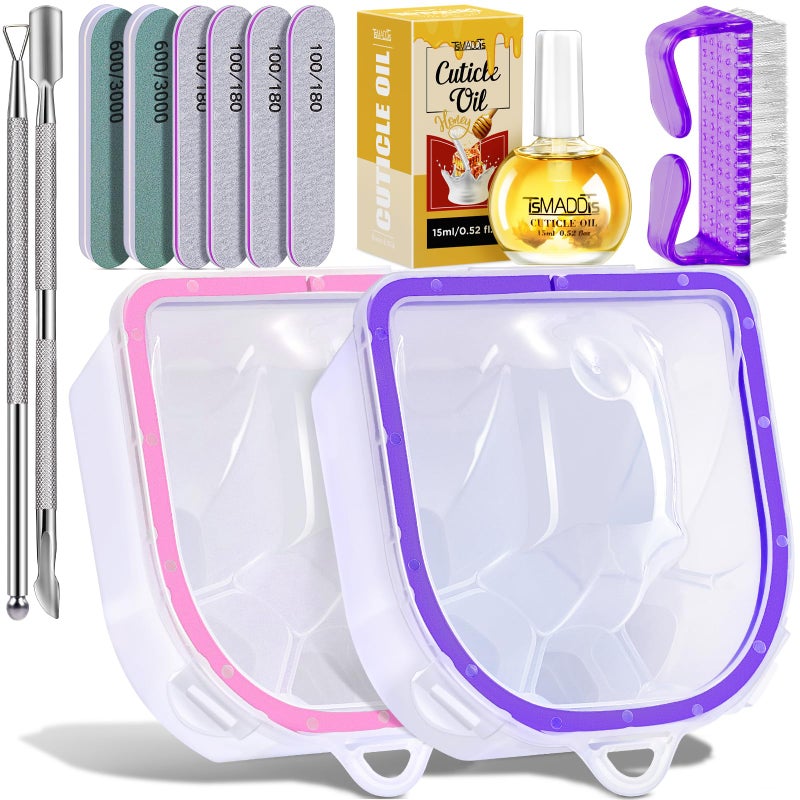 TsMADDTs 12 pcs Nail Soaking Bowl Acetone Gel Polish Remover Kit with 2 pcs Soak Off Bowls Manicure Bowls for Hands, Cuticle Remover Tools, Cuticle Oil, Files, Buffers, Brush, Dip Removal Kit - Image 1