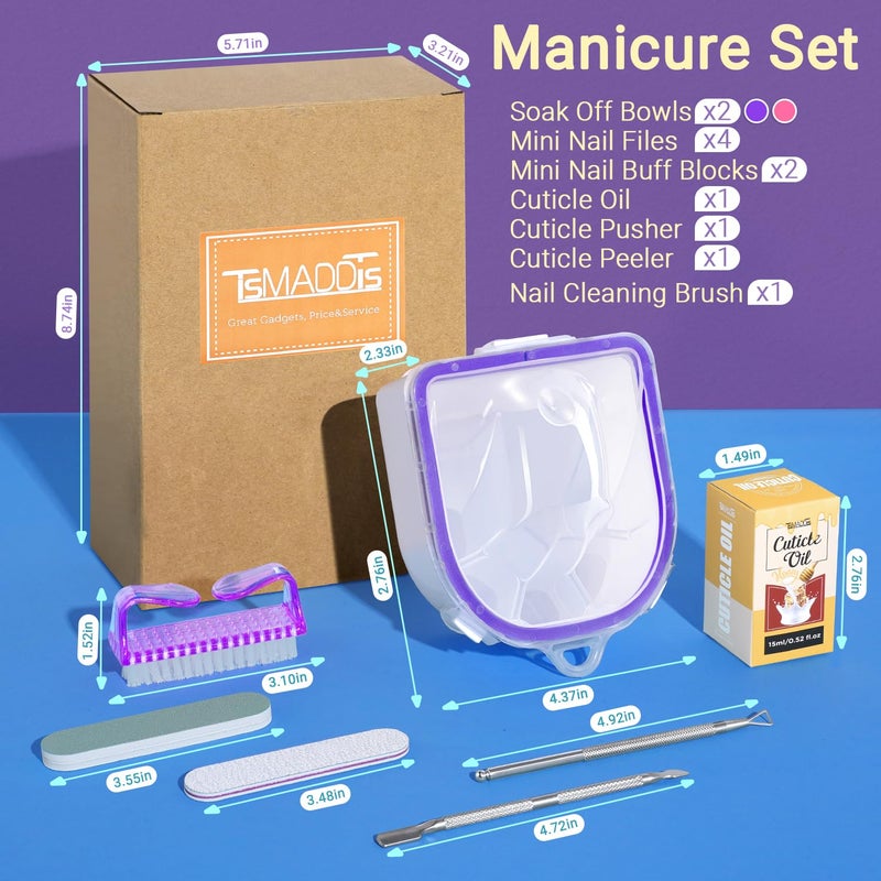 TsMADDTs 12 pcs Nail Soaking Bowl Acetone Gel Polish Remover Kit with 2 pcs Soak Off Bowls Manicure Bowls for Hands, Cuticle Remover Tools, Cuticle Oil, Files, Buffers, Brush, Dip Removal Kit - Image 2