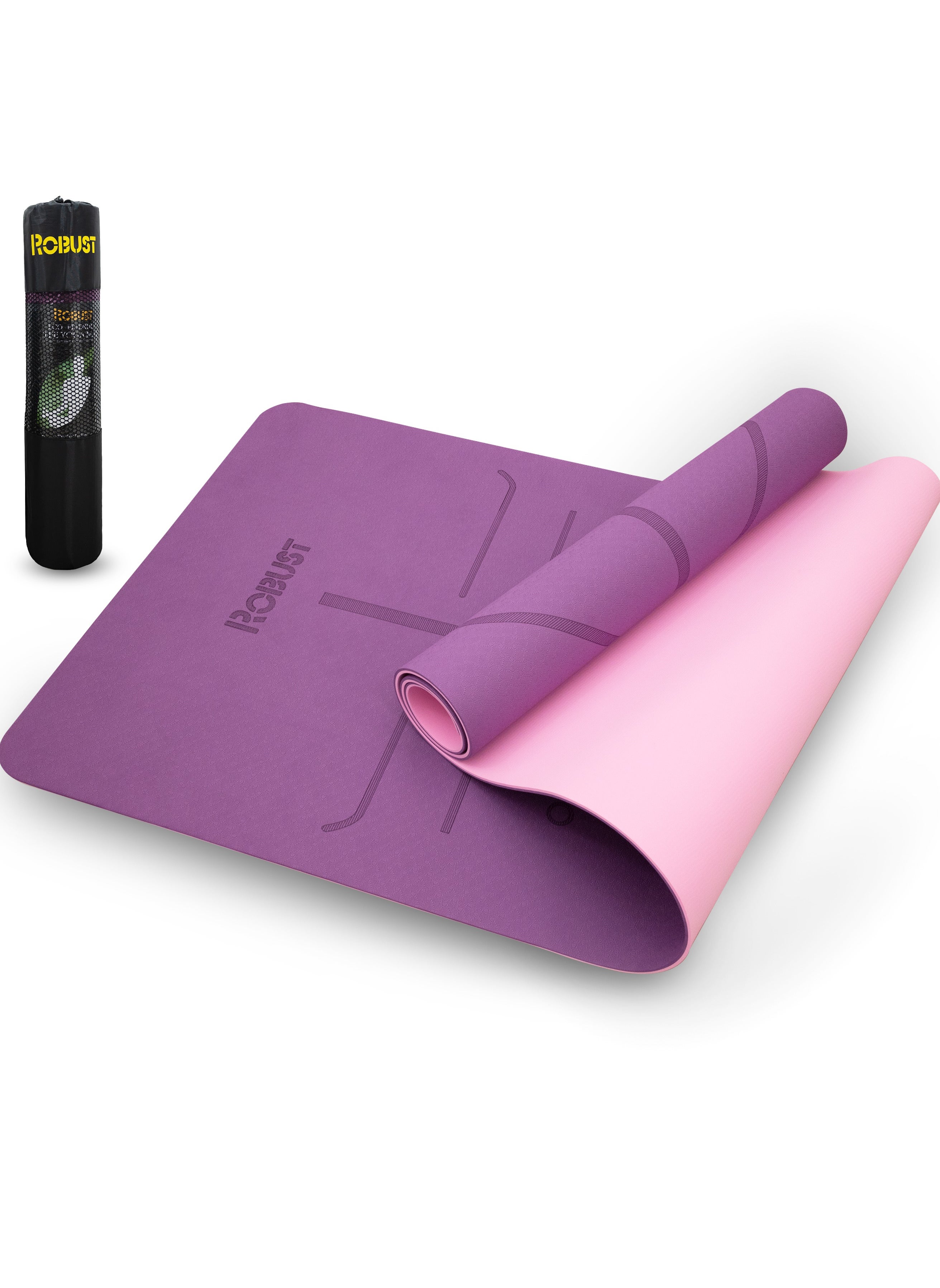 Robust TPE Yoga Mat Double Layer Anti-Slip Eco Friendly Texture Surface (Size 183cmx 61cm) SGS Certified Position Liens & Hanging Band, Home/Gym Workout Sports Exercise Sports Mattress - Purple Pink 