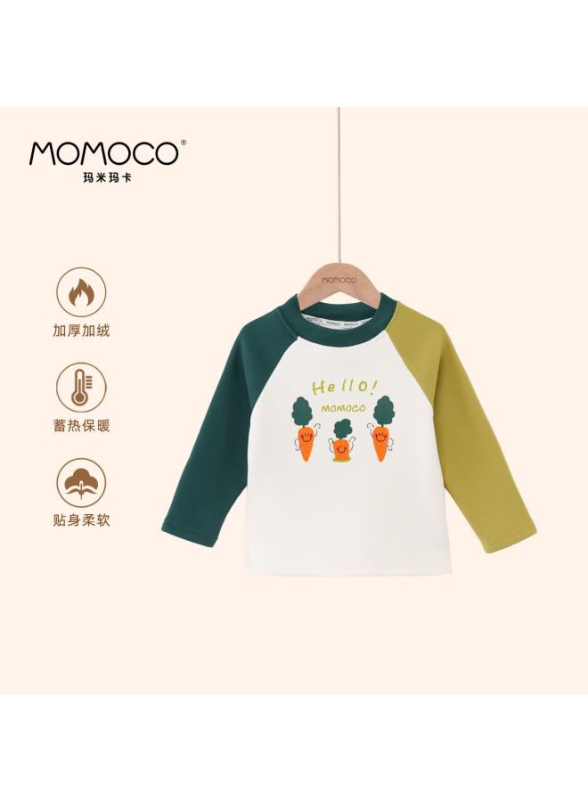 momoco Mamimaka Boys' Long Sleeve T-shirt Winter Fleece Thick Colorblock Vegetable Print Base Layer Kids Green 150 - Image 1