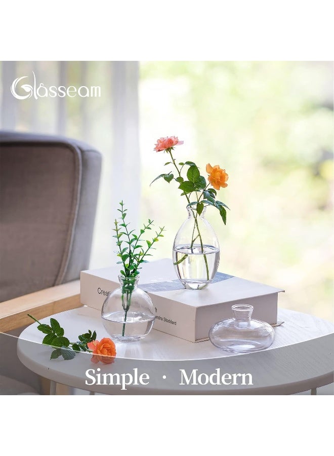 Glasseam Glasseam Clear Glass Bud Vase, 3Pcs/Set Modern Decorative Small Mini Flowers Vases Short Minimalist Aesthetic Home Decor Vintage Cute Handmade Tiny Wedding Table Centerpieces for Single Flower Rose - Image 2