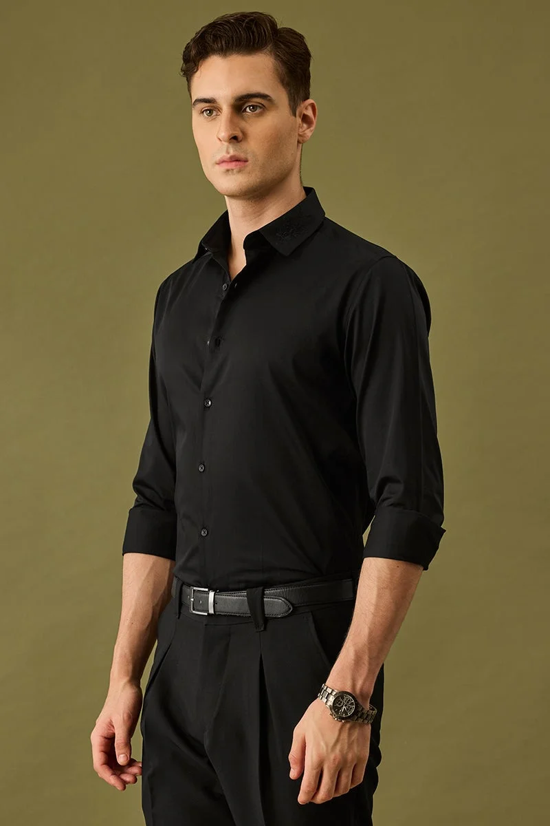 سنيتش Black Embroidered Long Sleeve Slim Fit Formal Shirt