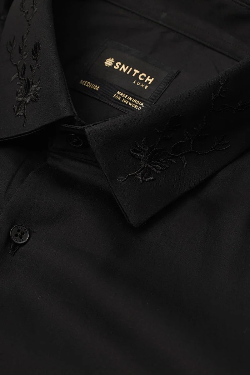 سنيتش Black Embroidered Long Sleeve Slim Fit Formal Shirt