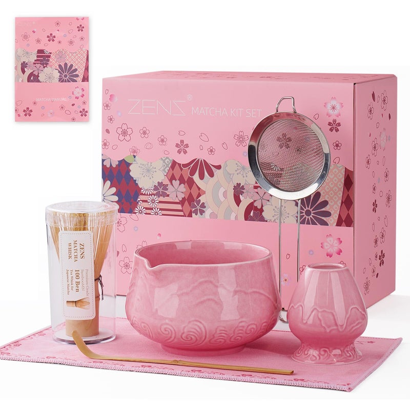 ZENS Matcha Whisk Set, 6pcs Matcha Set Pink Includes 15oz Ceramic Bowl and Bamboo Whisk (Chasen Holder) Scoop, 304 Sifter & Pink Tea Mat, Japanesse Matcha Kit for Matcha Latte-Making - Image 1