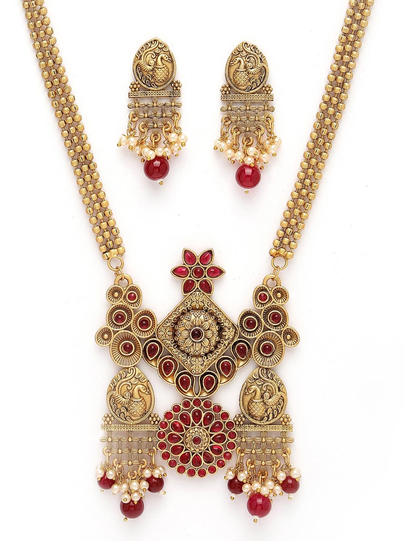 Karatcart Gold Plated Red Stone Temple Jewellery Set for Women - Image 5