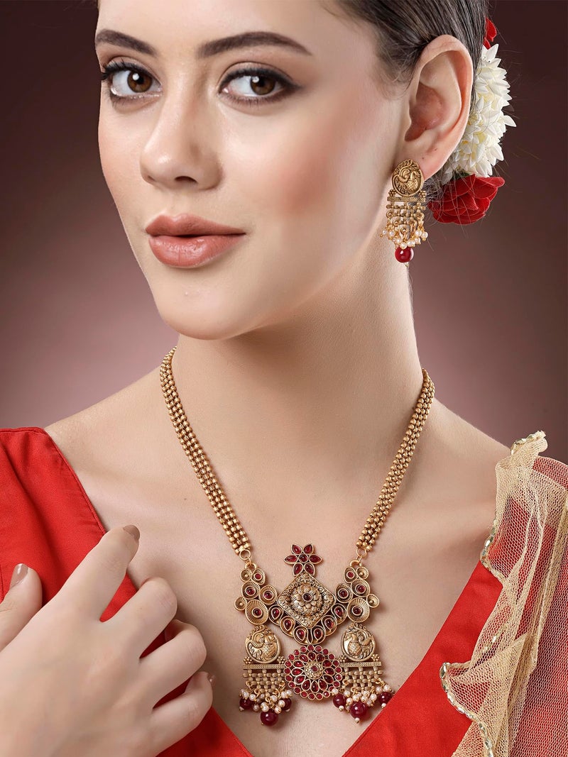 Karatcart Gold Plated Red Stone Temple Jewellery Set for Women - Image 3