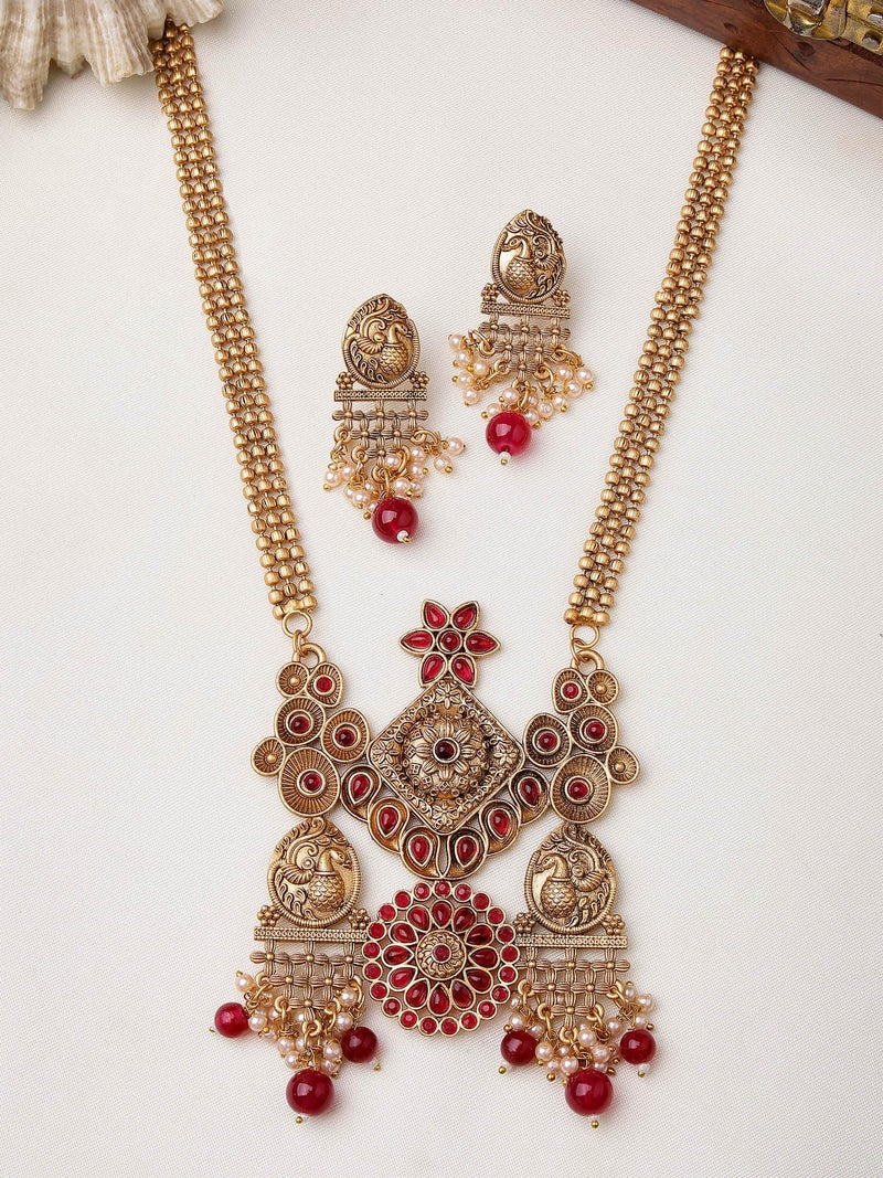 Karatcart Gold Plated Red Stone Temple Jewellery Set for Women - Image 4