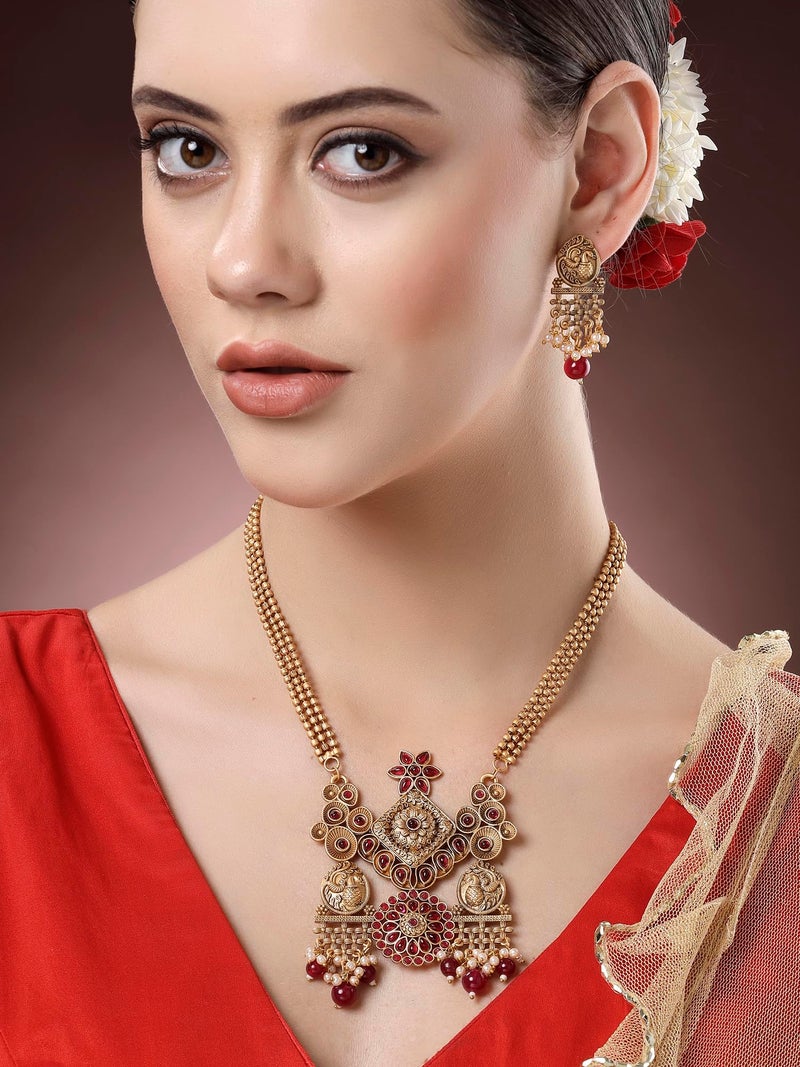 Karatcart Gold Plated Red Stone Temple Jewellery Set for Women - Image 2
