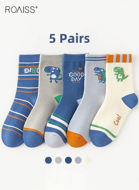 5 Pairs Boys Mid-Calf Socks, Comfortable Sports Socks Set, Kids Crew Socks with Adorable Patterns, Cartoon Middle Tube Socks for Boys, Suitable for All Seasons