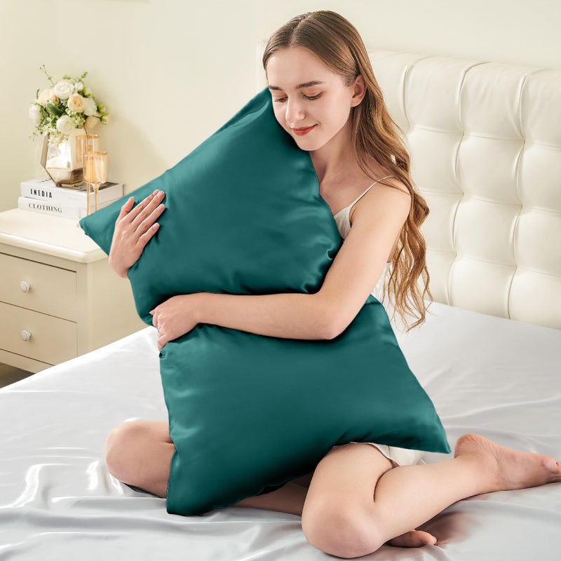 infiixso Mulberry Silk Cilwcase للشعر وحريص وسادة الحرير بحجم كوين مع سحاب مخفي 20 × 30 بوصة فائقة الحالات وسادة تبريد ناعمة للنوم الساخن (Teal 1 Pack) - Image 3