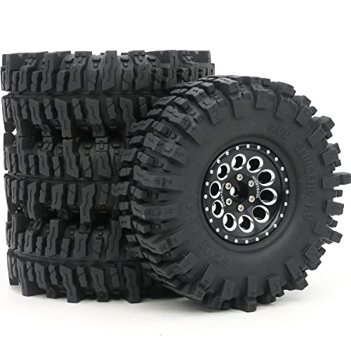 hobbysoul عجلات وإطارات HOBBYSOUL 19 مجموعة 120 مم من إطارات Mud Slingers اللينة اللاصقة 19 إطارات وعجلات مع جنوط سوداء لسيارات 110 RC Crawler Traxxas TRX4 Axial SCX10 4 عبوات - Image 1