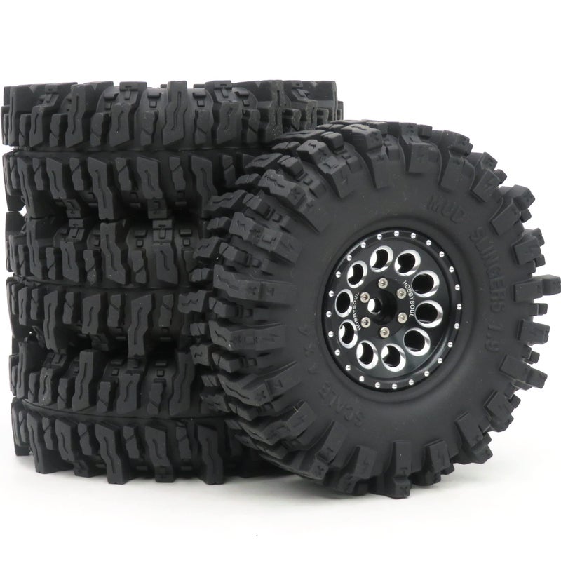 hobbysoul عجلات وإطارات HOBBYSOUL 19 مجموعة 120 مم من إطارات Mud Slingers اللينة اللاصقة 19 إطارات وعجلات مع جنوط سوداء لسيارات 110 RC Crawler Traxxas TRX4 Axial SCX10 4 عبوات - Image 3