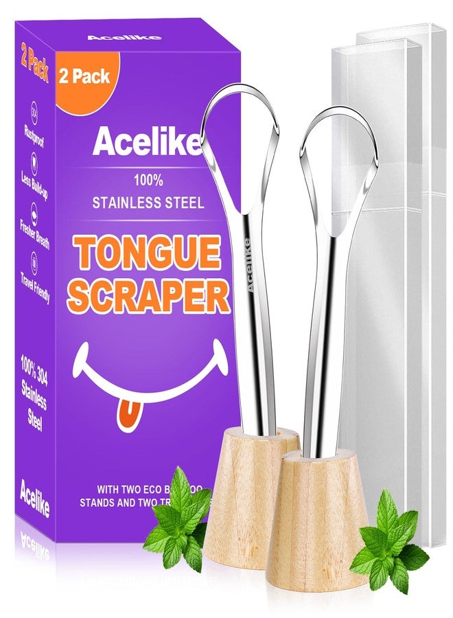Acelike Tongue Scraper for Adults (2 Pack, 2 Bamboo Holder and 2 Travel Case, 100% Stainless Steel Tongue Scraper, Reducing Bad Breath, Tongue Cleaner for Oral Care & Hygiene, Home and Travel Use - Image 1