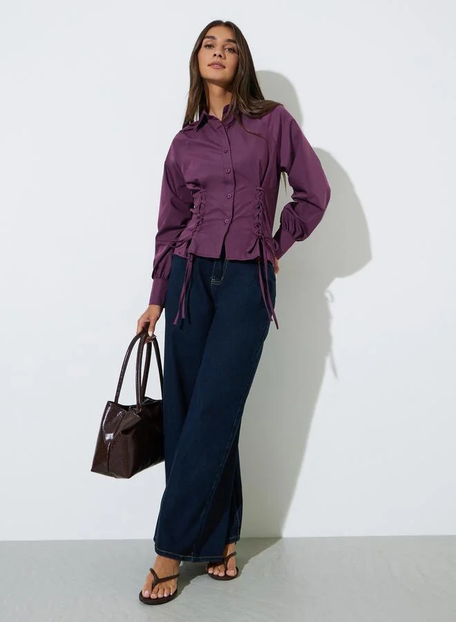 Styli Burgundy Lace Up Detail Raglan Sleeve Buttoned Shirt