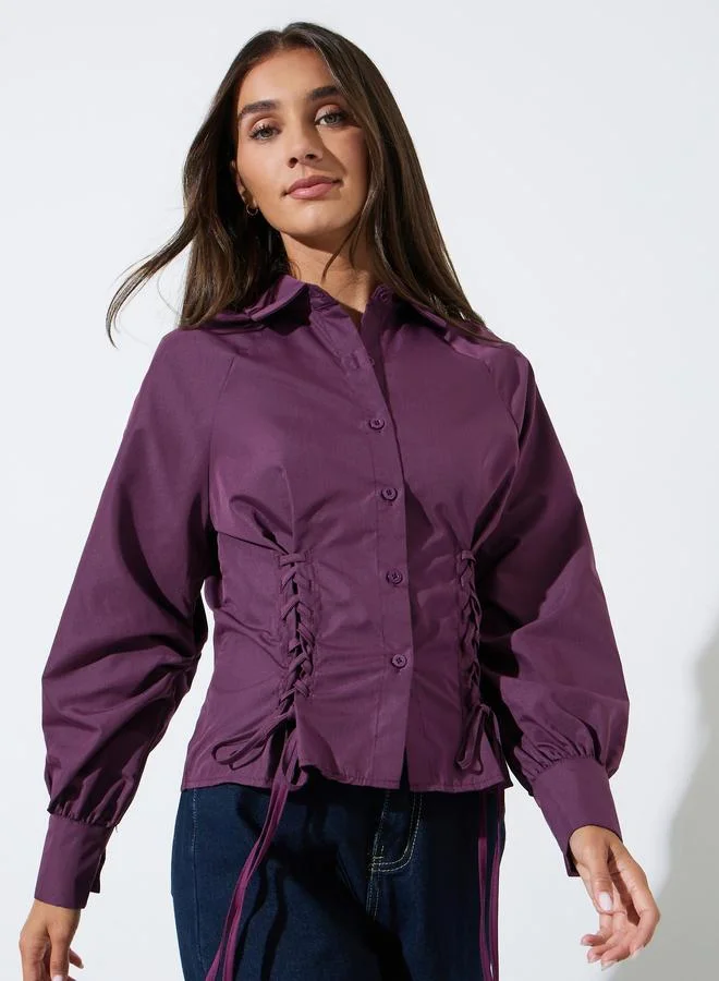 Styli Burgundy Lace Up Detail Raglan Sleeve Buttoned Shirt