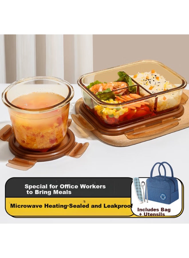 Cilock High Borosilicate Heat-resistant Glass Lunch Box For Office Workers Microwave Heating Bento Box With Three Compartments + Soup Bowl + Bag - Image 1