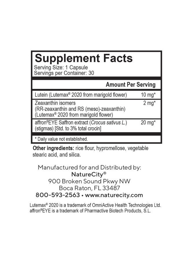 NatureCity True-Vision Eye Health Supplement - Plant-Based Lutein and Zeaxanthin with High Potency Saffron 20mg - Blue Light Potection, Support Central and Night Vision (60 Veggie Capsules)  - Image 2