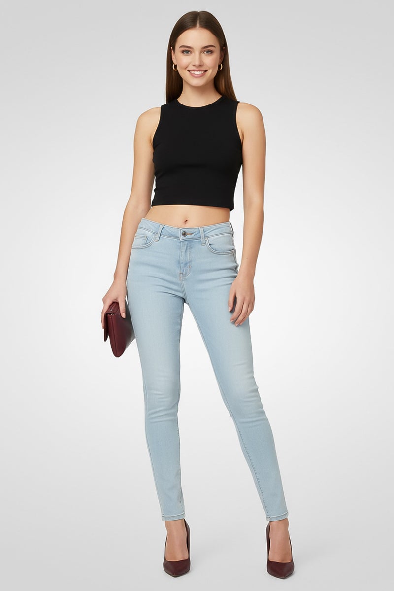 promod Women Skinny Fit Washed Mid Rise Stretchable Denim, Light Blue - Image 1