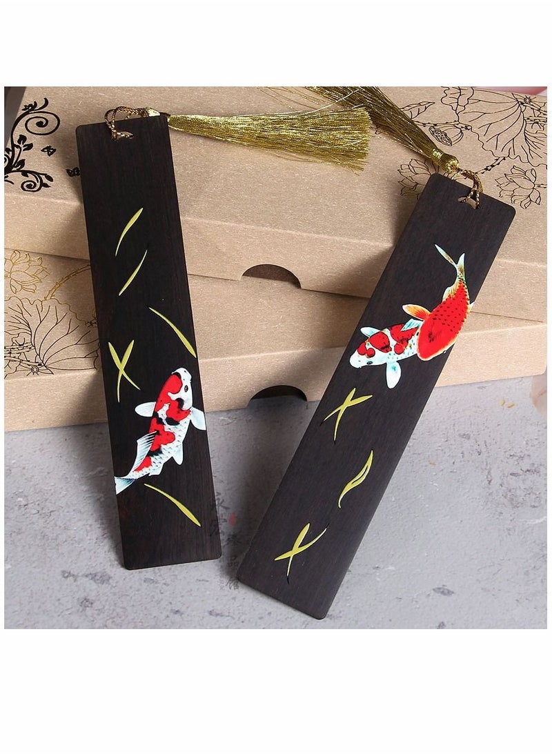 Y&D Bookmarks, Ebony Koi Painted Bookmarks Yearly Handmade Wooden Bookmark, Set-with Beautiful Red Bead Charm and Gift Box-Unique  - Image 1