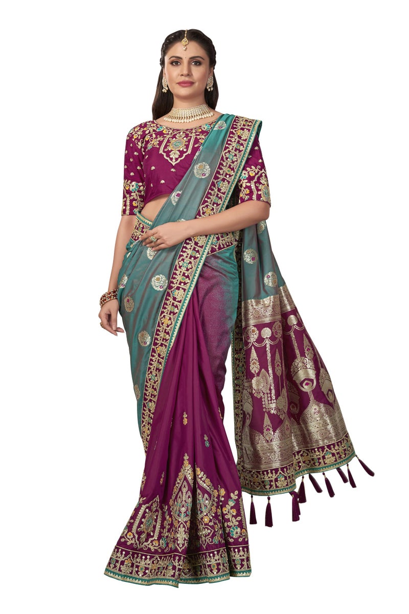 MANOHARI Women Banarasi Silk Woven Saree With Heavy Embroidery Blouse Piece_Mn1875, Blue - Image 1