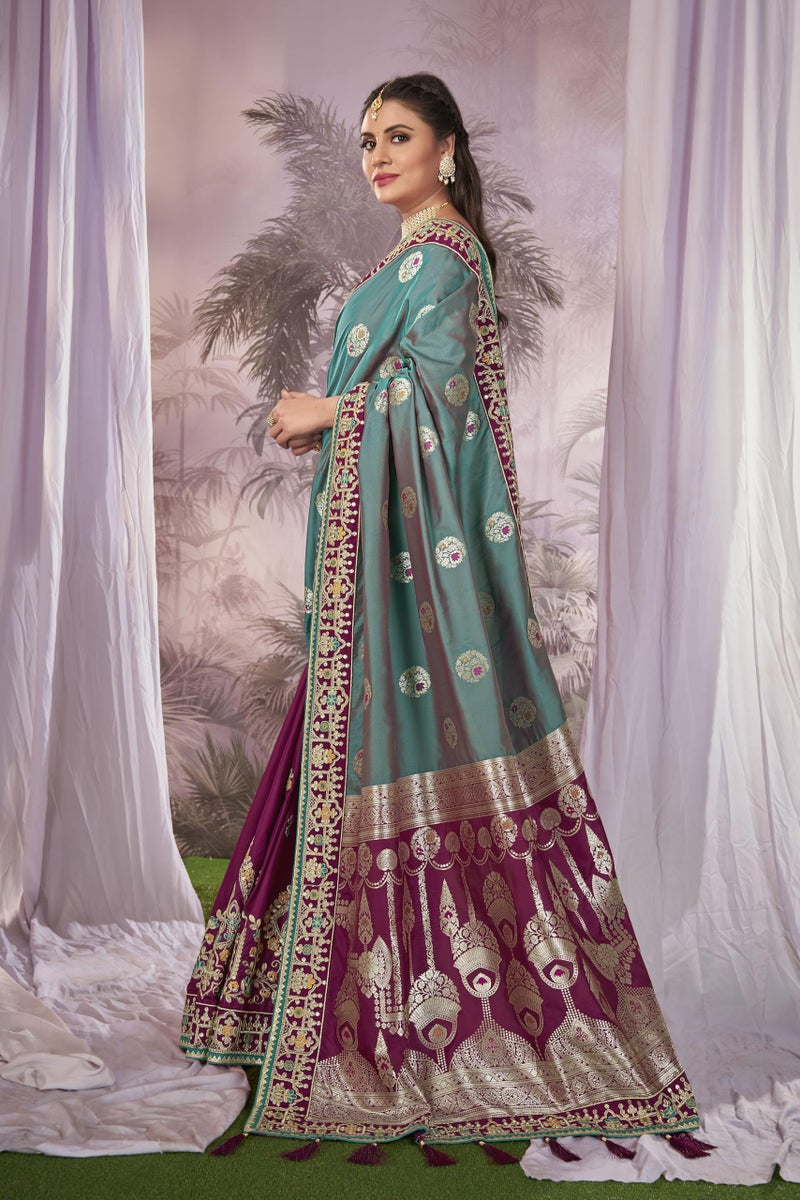 MANOHARI Women Banarasi Silk Woven Saree With Heavy Embroidery Blouse Piece_Mn1875, Blue - Image 3