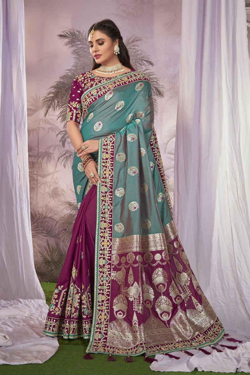 MANOHARI Women Banarasi Silk Woven Saree With Heavy Embroidery Blouse Piece_Mn1875, Blue - Image 2