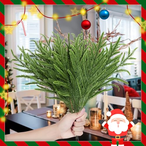Kunjocy 24Pcs Norfolk Pine Branches Stems 13.5" Artificial Pine Needles Sprigs Norfolk Pine Garland Accessories Vase Fillers Winter Fake Christmas Tree Picks Greenery Sprays for DIY Wreaths (24, Green) - Image 4