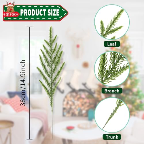 Kunjocy 24Pcs Norfolk Pine Branches Stems 13.5" Artificial Pine Needles Sprigs Norfolk Pine Garland Accessories Vase Fillers Winter Fake Christmas Tree Picks Greenery Sprays for DIY Wreaths (24, Green) - Image 2