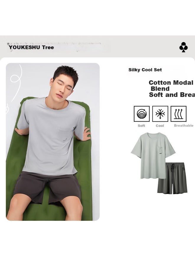 Youkeshu Cheng Yi Same Style Pajamas For Men, Summer Home Wear Set, Ice Silk Modal Loose Short-sleeve, Light Rattan Gray + Calm Gray, Size L - Image 1