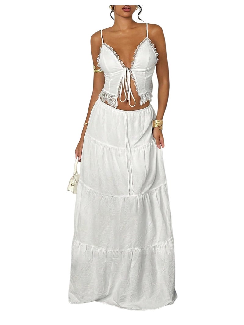 Floerns Women's 2 Piece Outfit Lace Trim Tie Front Camisole Top Tiered Maxi Skirts Set White Large - Image 1