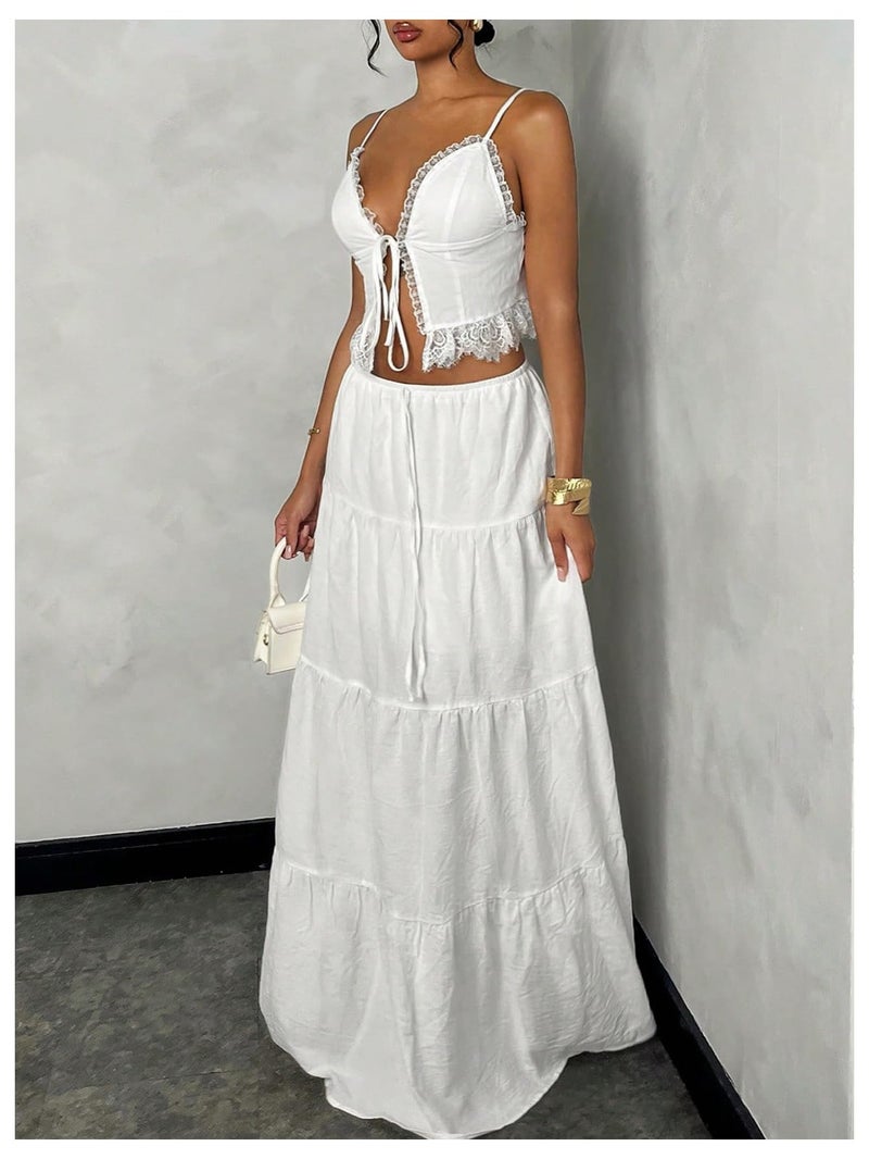 Floerns Women's 2 Piece Outfit Lace Trim Tie Front Camisole Top Tiered Maxi Skirts Set White Large - Image 4