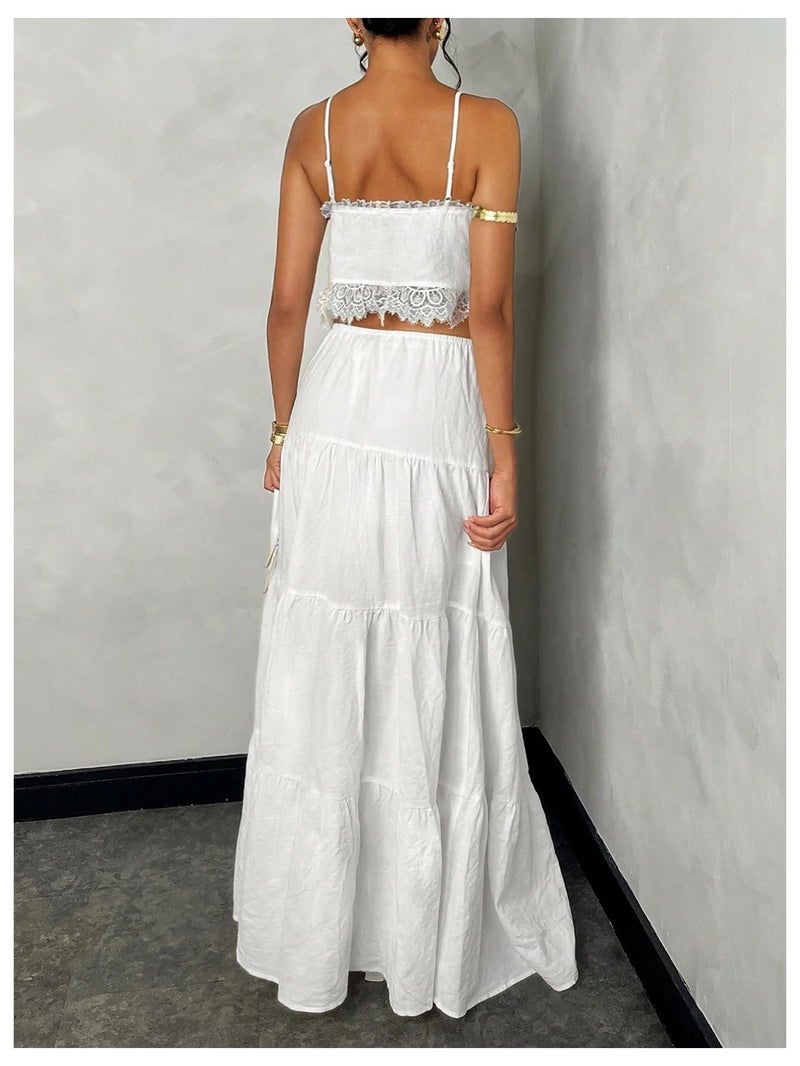 Floerns Women's 2 Piece Outfit Lace Trim Tie Front Camisole Top Tiered Maxi Skirts Set White Large - Image 2