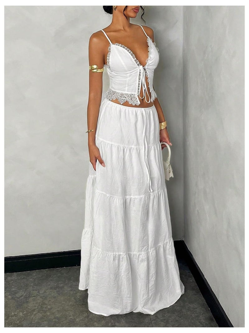 Floerns Women's 2 Piece Outfit Lace Trim Tie Front Camisole Top Tiered Maxi Skirts Set White Large - Image 3