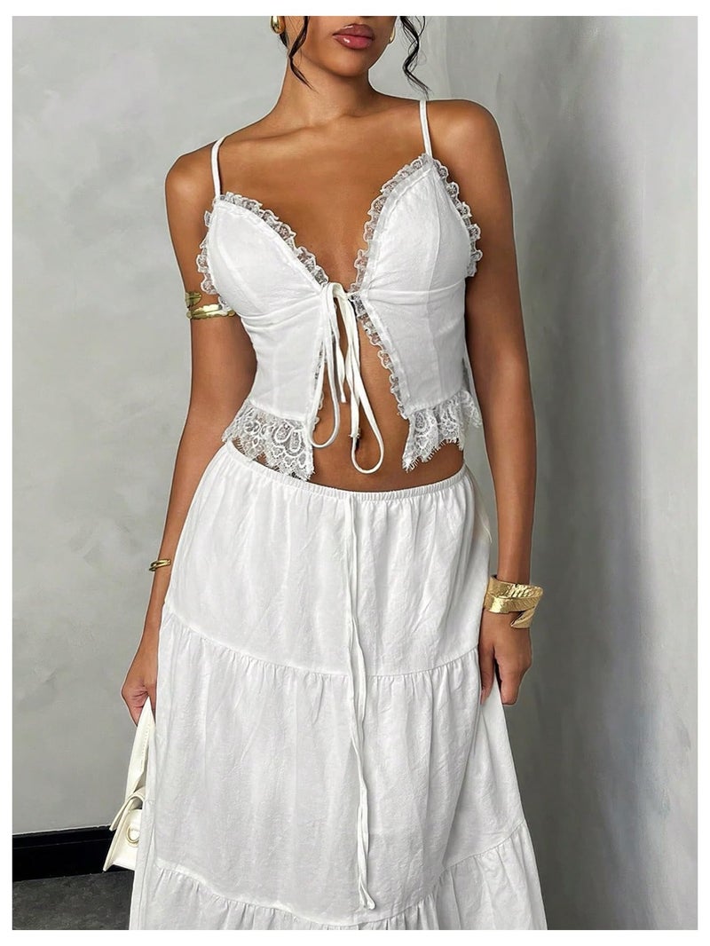 Floerns Women's 2 Piece Outfit Lace Trim Tie Front Camisole Top Tiered Maxi Skirts Set White Large - Image 5