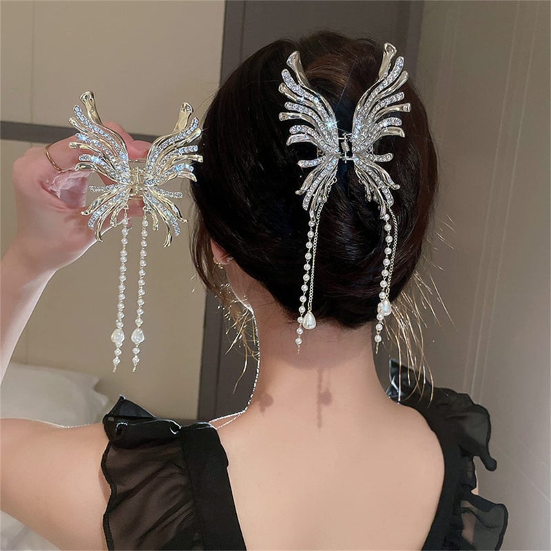 Hair Claw Clip2PCS Butterfly Rhinestone pearl Hair Clamps Chinese Style Hanfu Hair Accessories Shark Clips for Women