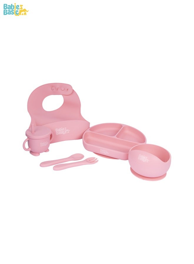 بابيز_بيسك مجموعة تغذية من السيليكون بـ 6 قطع، تحتوي على طبق شفط ووعاء شفط وأدوات قطع الطعام بطرف سيليكون وملابس واقية وكوب للشرب متعدد الاستخدامات مع حقيبة سفر. - Image 1