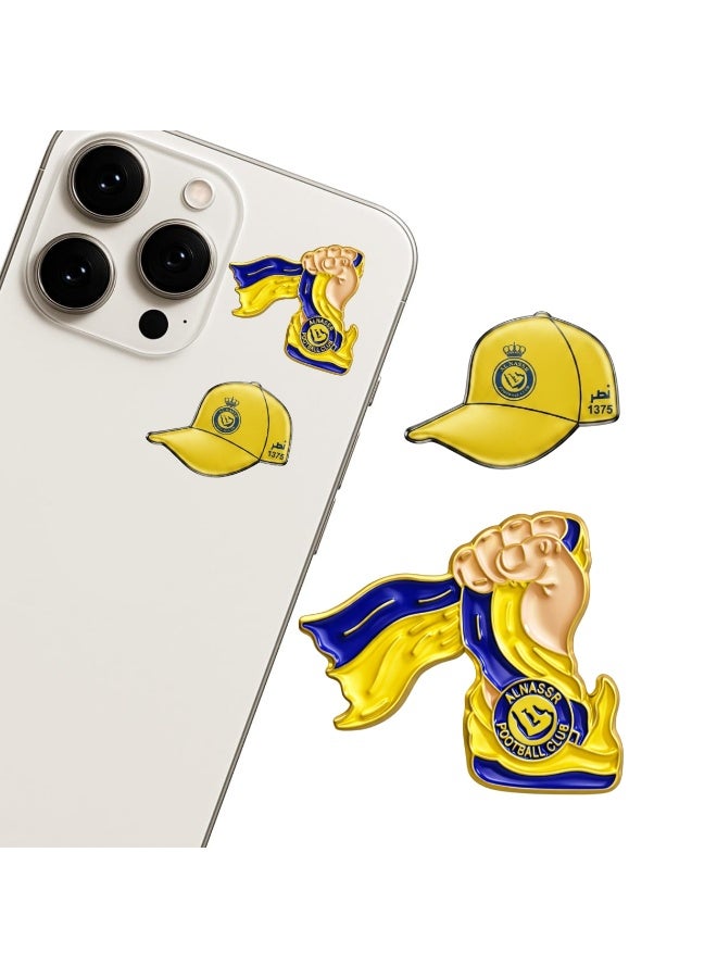 Al Nassr FC Metal Sticker Set – 2PCS Premium Yellow & Blue Enamel Emblems Featuring Cap and Scarf‑in‑Hand Designs, Symbolizing Saudi Pride, Victory Spirit, and Elite Fan Passion for Phones, Laptops, and Accessories - Image 1